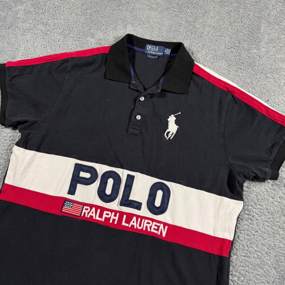 VTG 90s Polo Ralph Lauren USA Flag Rugby Polo Color Block Big Pony Size Medium